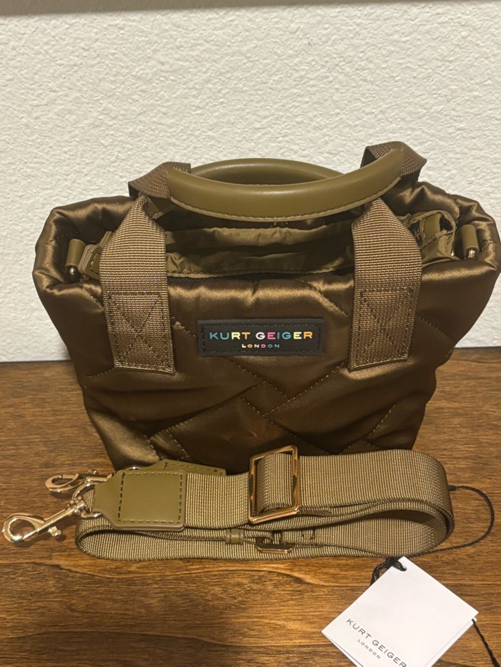 Kurt Geiger Olive Quilted Satin XS Tote with Adjustable Strap NWOT - Picture 3 of 6
